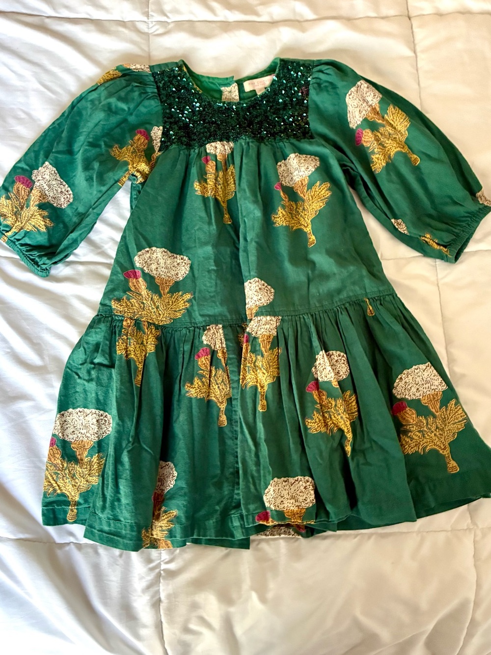 Pink Chicken Green Floral Sequin-Yoke Dress